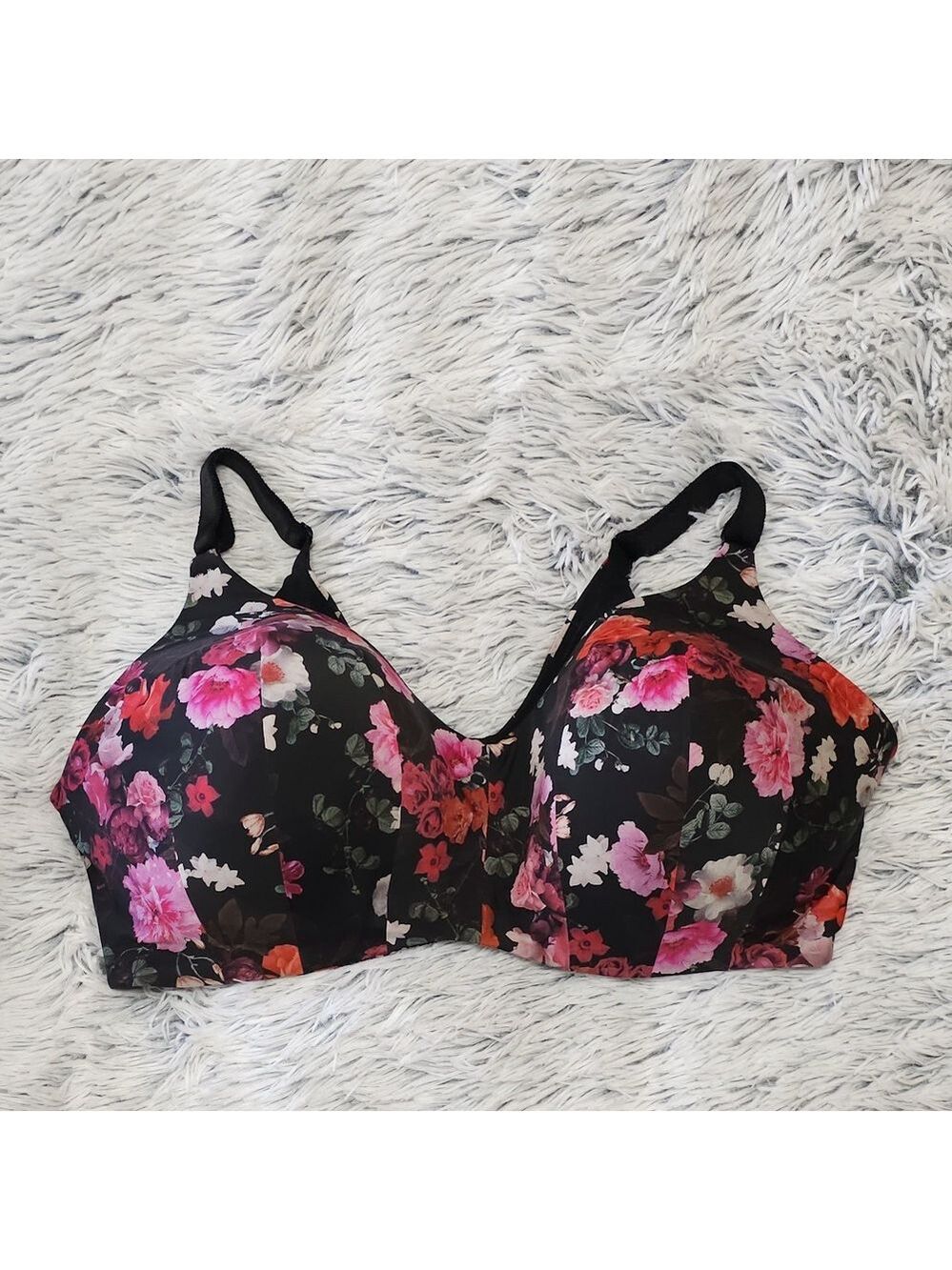 torrid Black Floral Full-Coverage Bra with Pink & Red Blooms